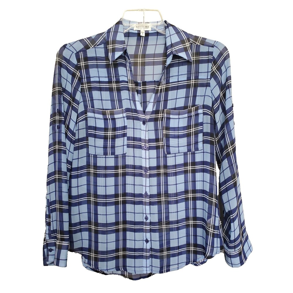 Express Portofino Blue Semi-Sheer Plaid Roll-Tab Button-Up Shirt Size Medium